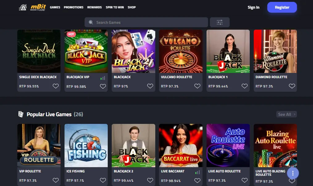 Screenshot of mBit Casino's games lobby