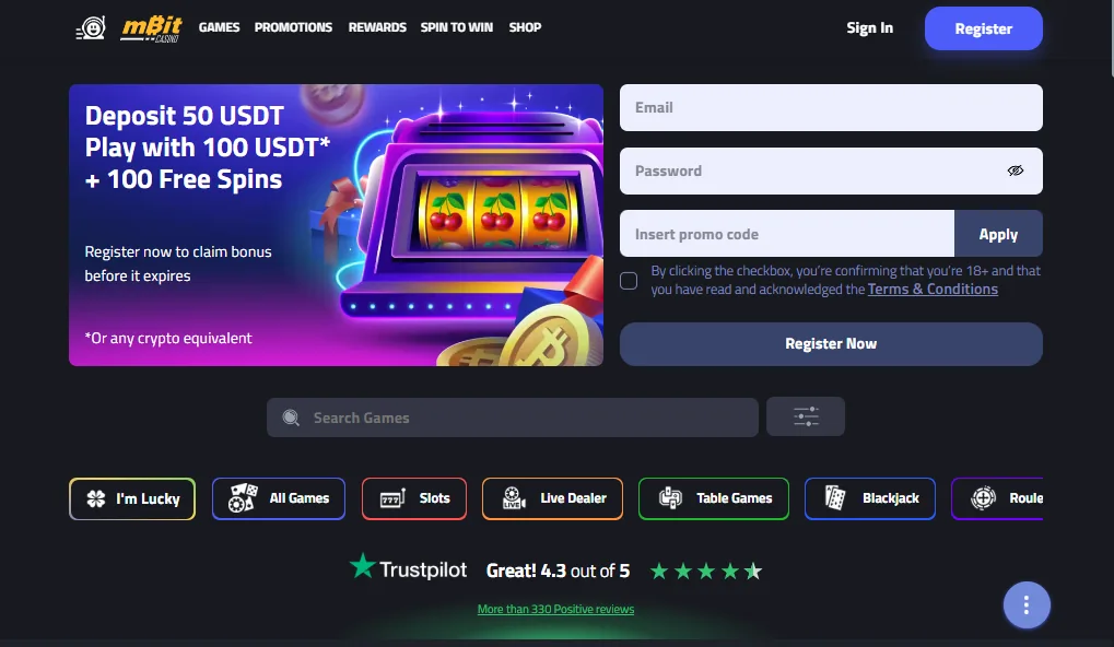 Screenshot of mBit Casino's homepage