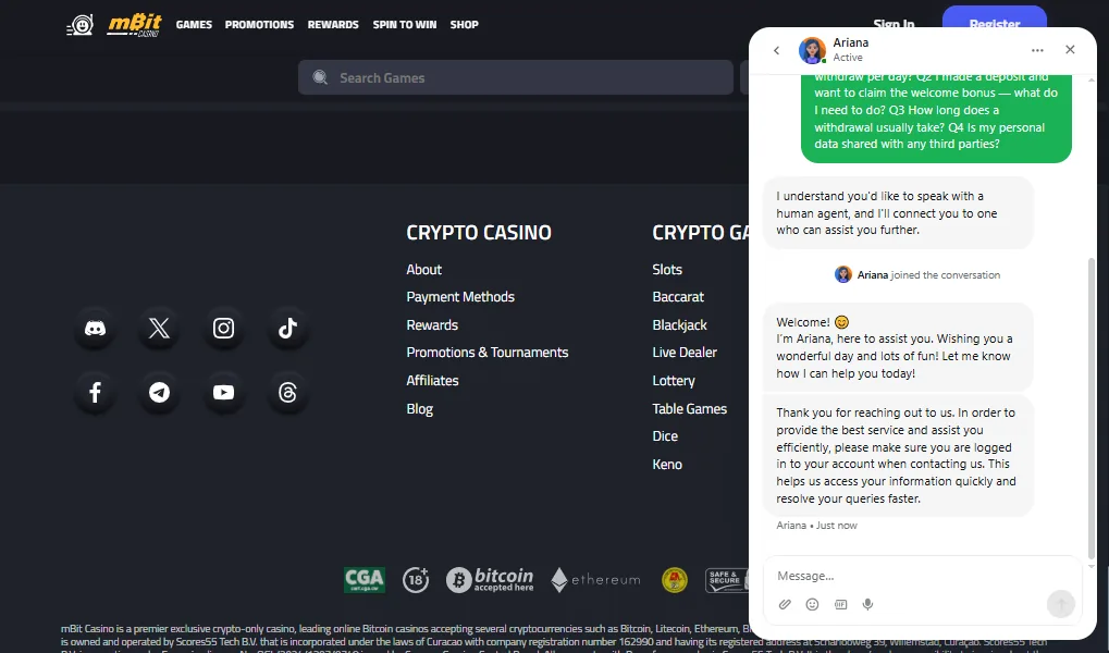 Screenshot of mBit Casino's live chat support window