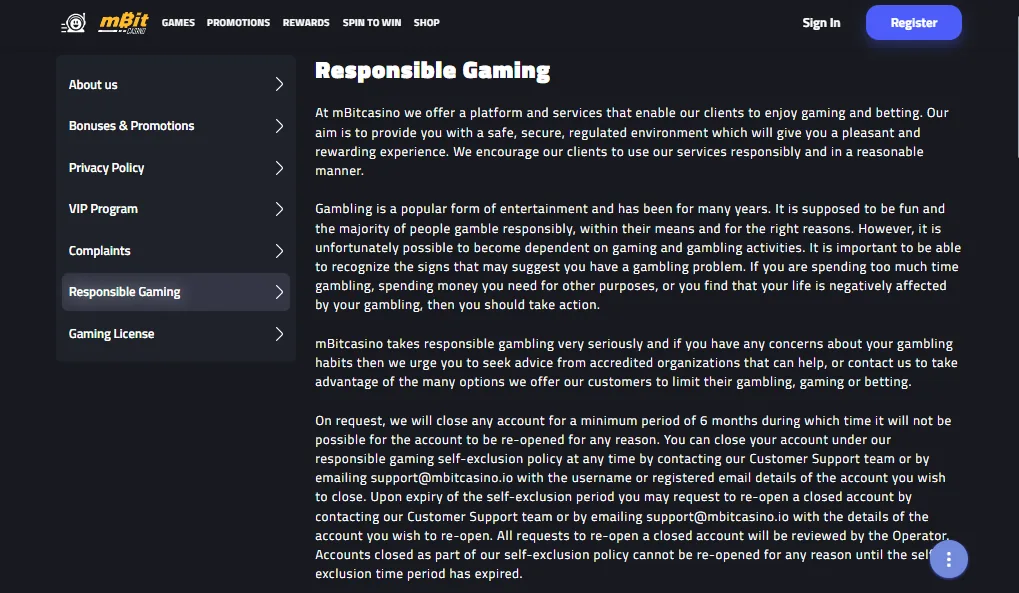 Screenshot of mBit Casino's responsible-gambling tools