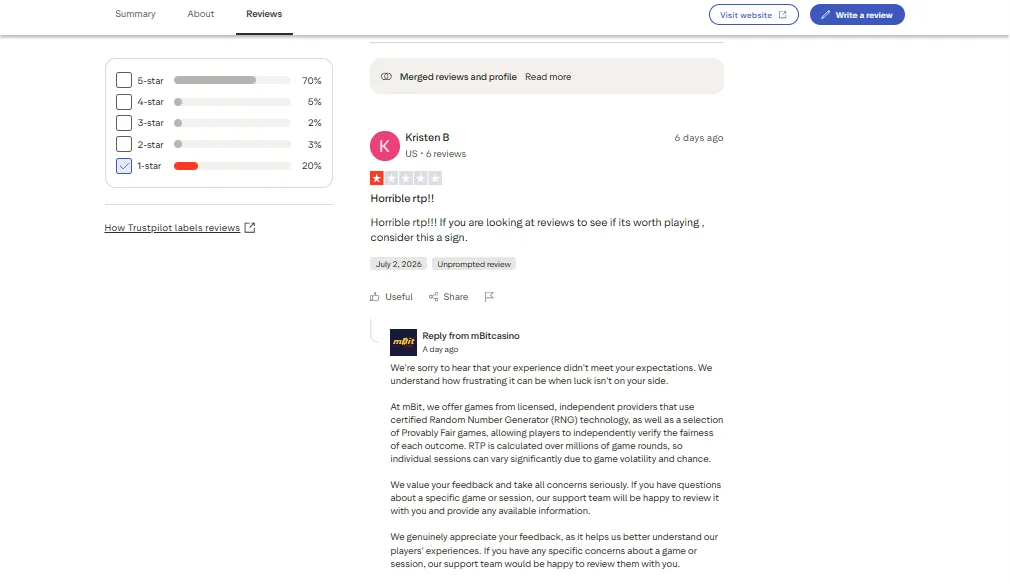 Screenshot of mBit Casino's negative Trustpilot review
