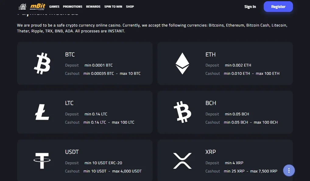 Screenshot of mBit Casino's withdrawal section and limits