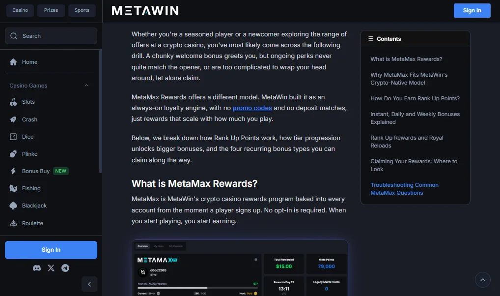 Screenshot of MetaWin's bonus terms and wagering requirements