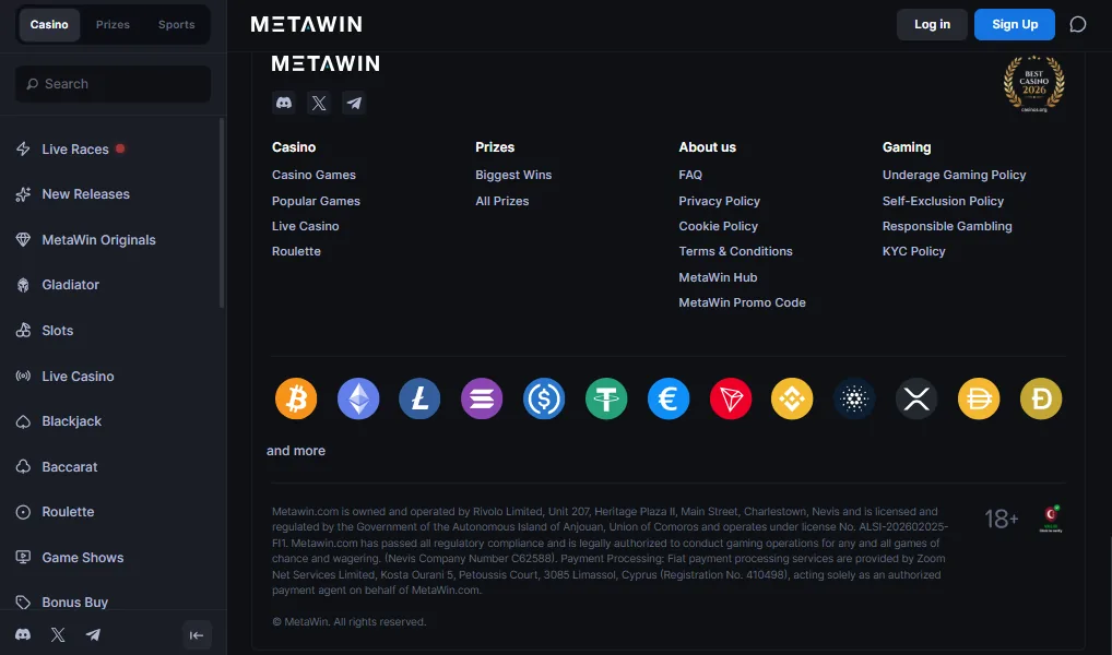 Screenshot of MetaWin's cashier and payment methods