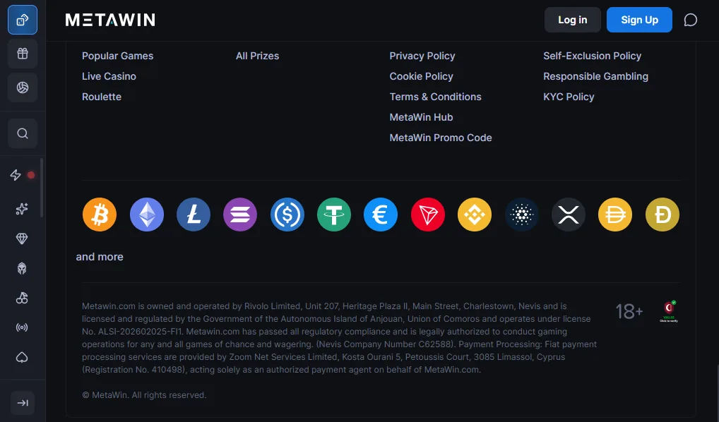 Screenshot of MetaWin's footer licence and regulator details
