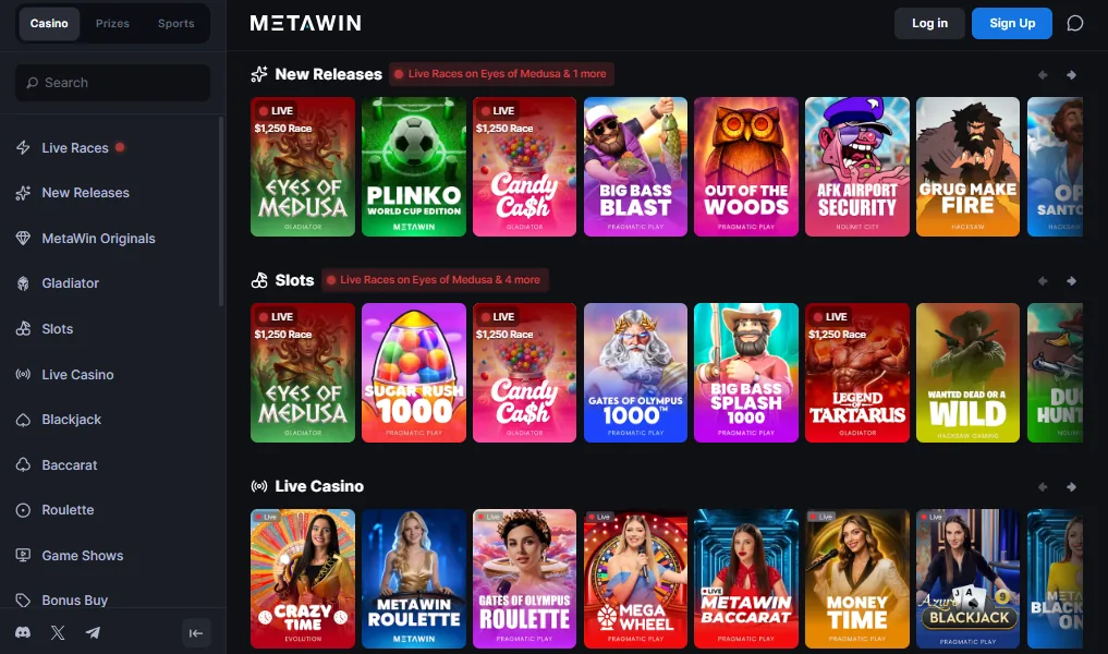 Screenshot of MetaWin's games lobby