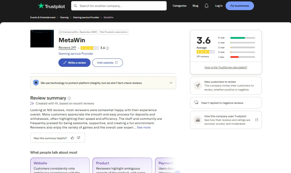 Screenshot of MetaWin's Trustpilot rating overview