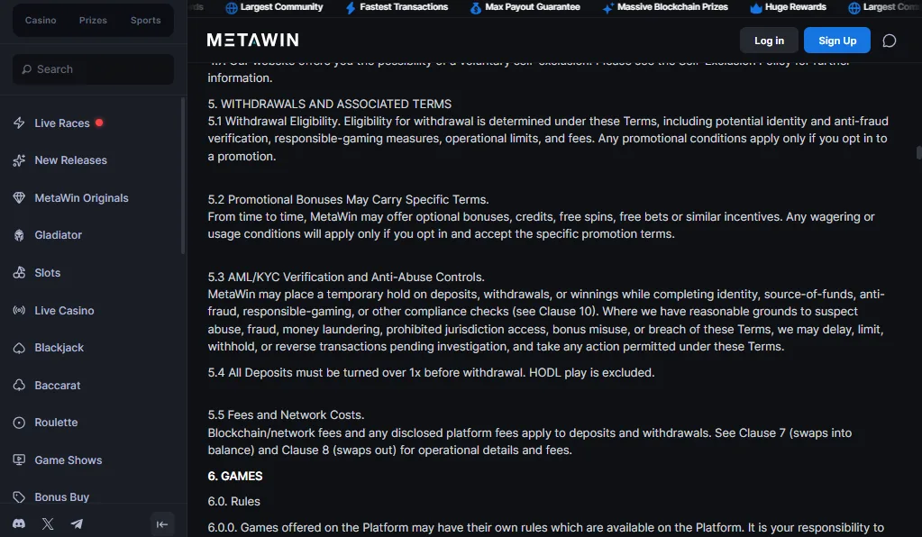 Screenshot of MetaWin's withdrawal section and limits
