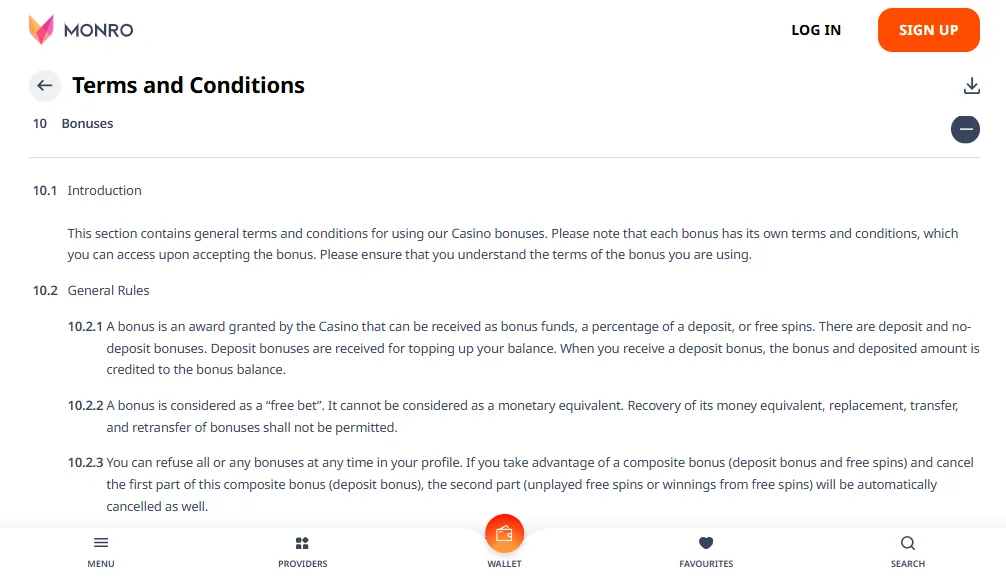 Screenshot of Monro's bonus terms and wagering requirements