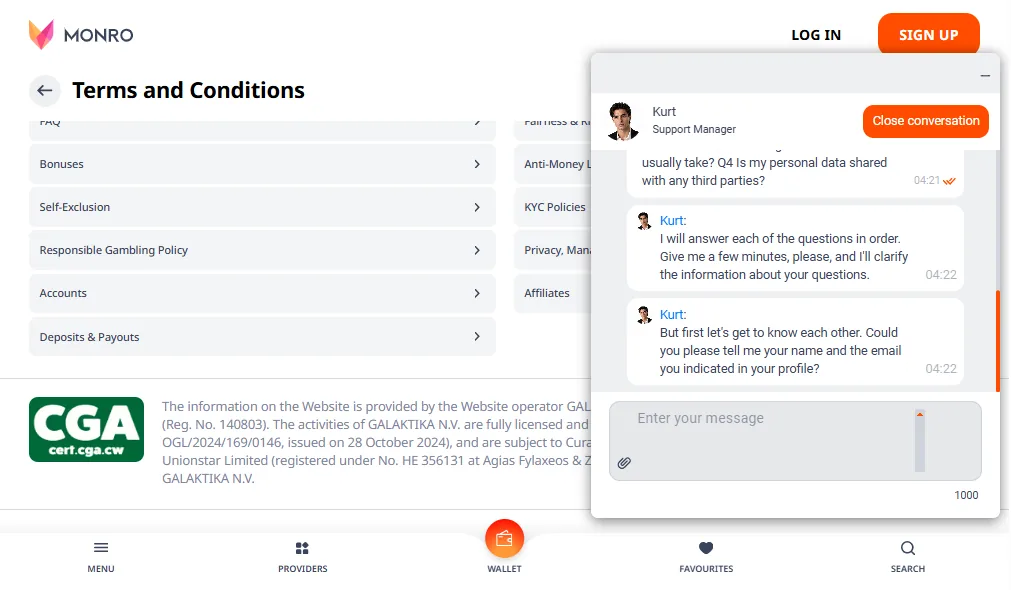 Screenshot of Monro's live chat support window