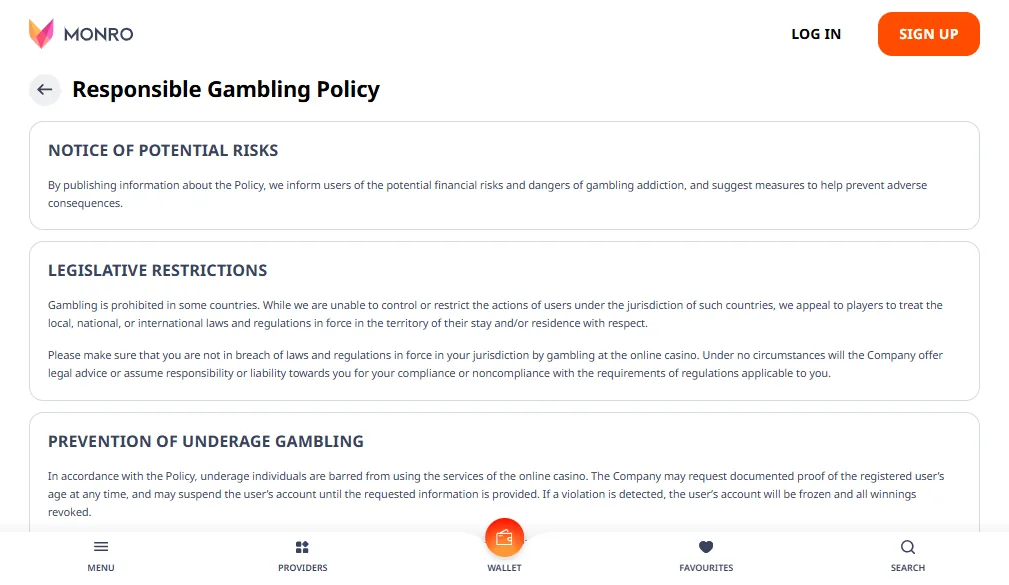Screenshot of Monro's responsible-gambling tools