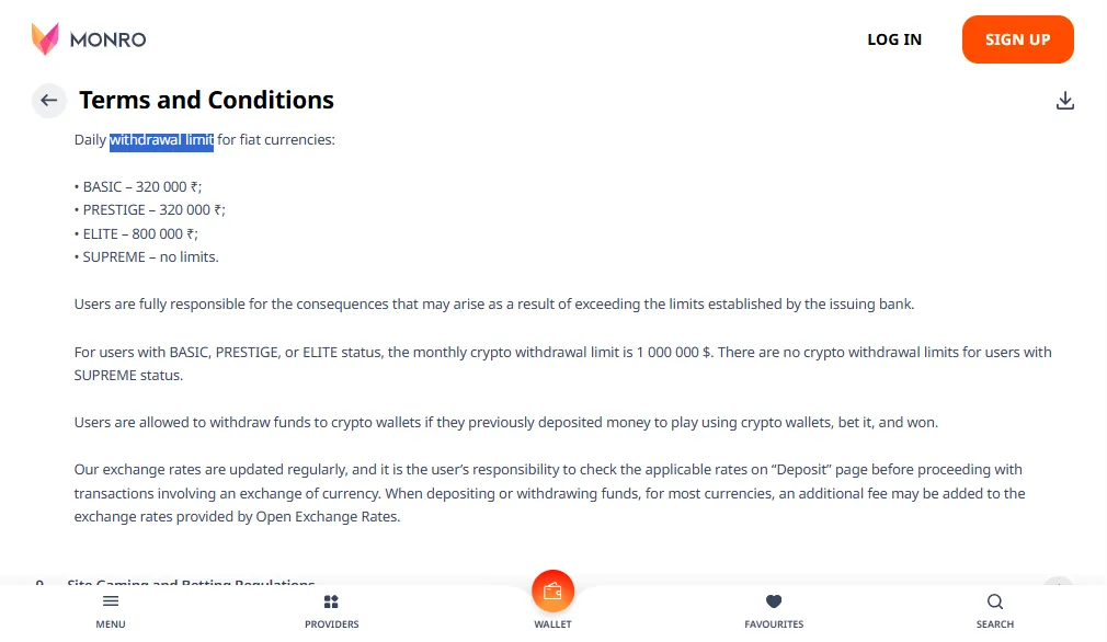 Screenshot of Monro's withdrawal section and limits
