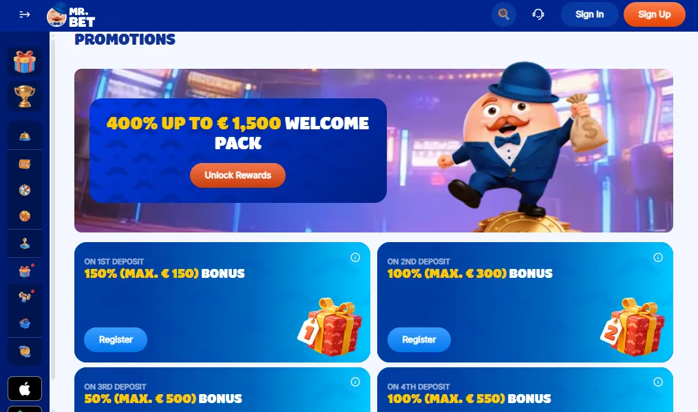 Screenshot of Mr.Bet's welcome bonus offer