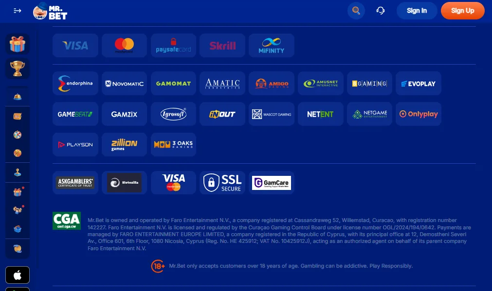 Screenshot of Mr.Bet's cashier and payment methods