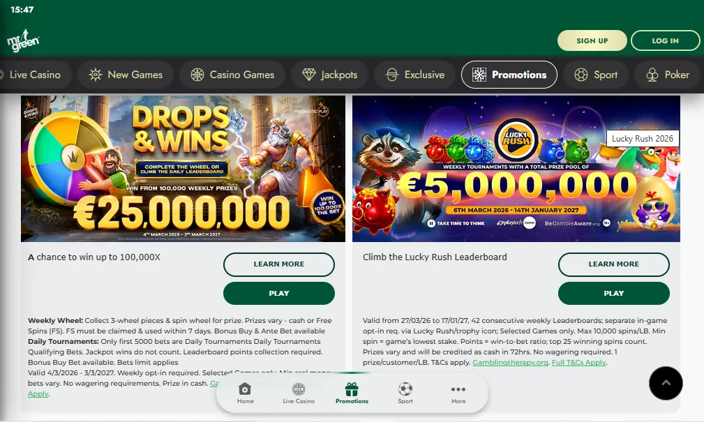 Screenshot of Mr Green's welcome bonus offer