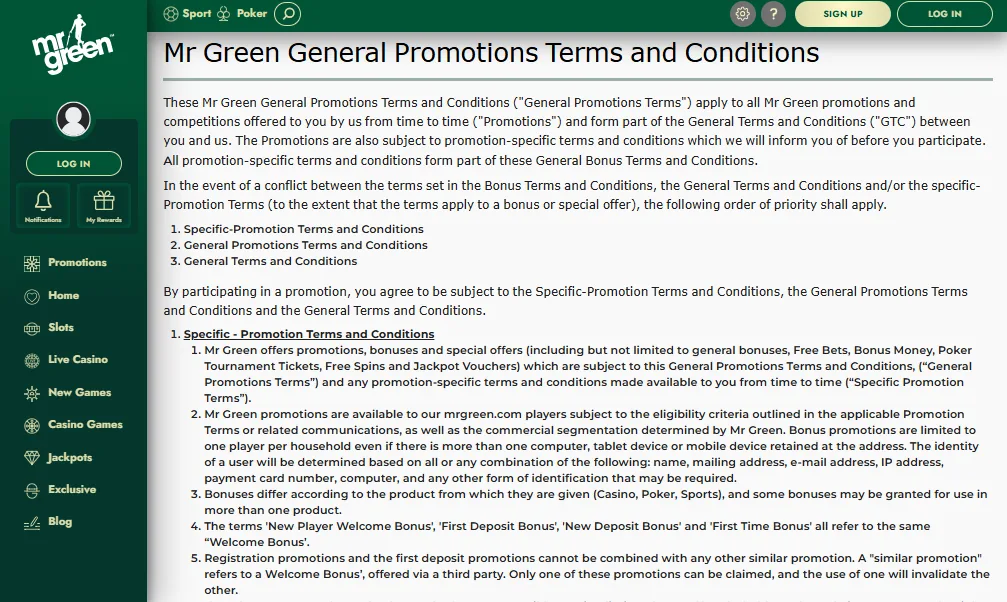 Screenshot of Mr Green's bonus terms and wagering requirements