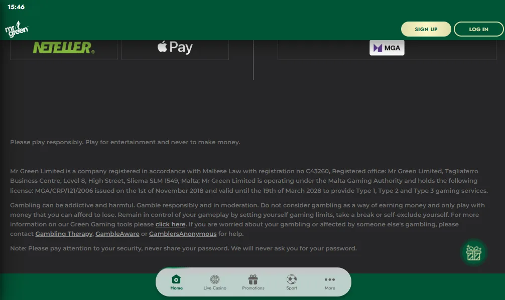 Screenshot of Mr Green's footer licence and regulator details