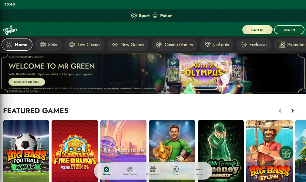 Screenshot of Mr Green's homepage