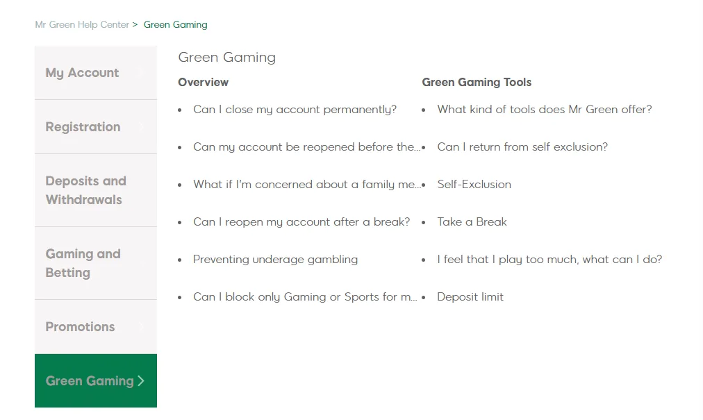 Screenshot of Mr Green's responsible-gambling tools