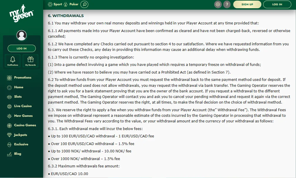 Screenshot of Mr Green's withdrawal section and limits
