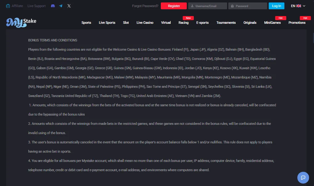 Screenshot of MyStake's bonus terms and wagering requirements