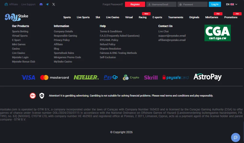 Screenshot of MyStake's cashier and payment methods
