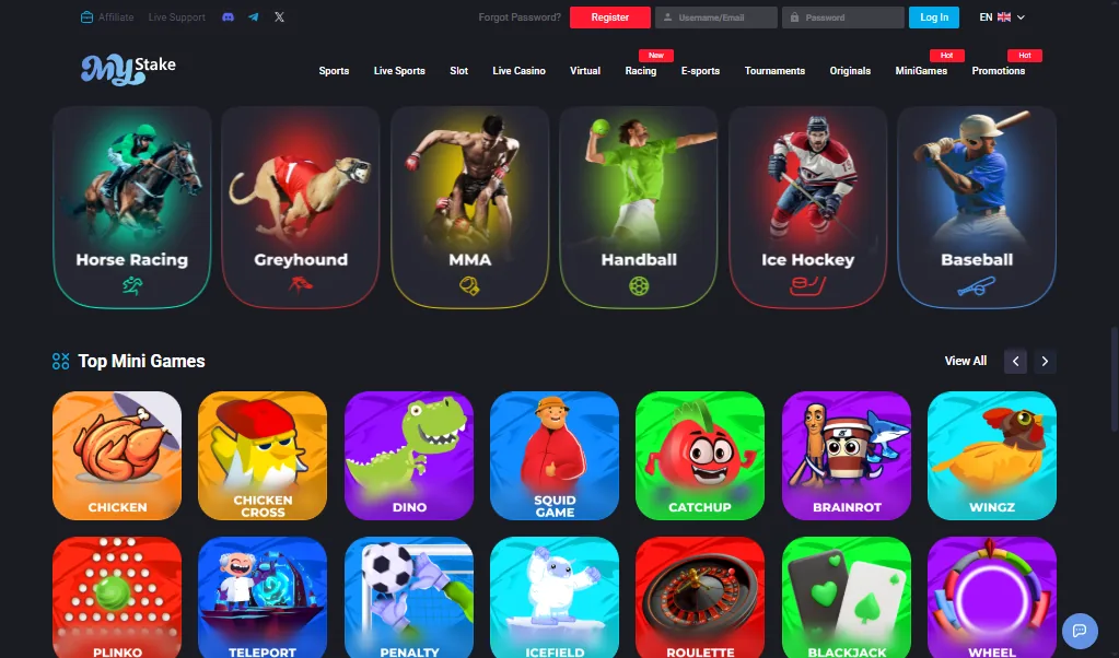 Screenshot of MyStake's games lobby