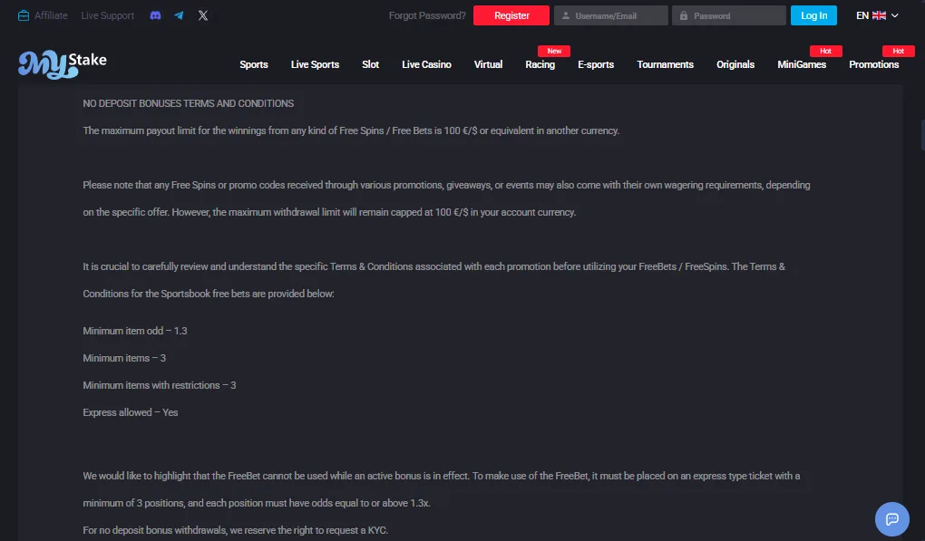 Screenshot of MyStake's withdrawal section and limits