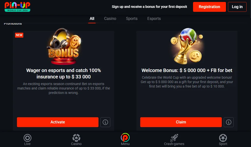 Screenshot of Pin-Up's welcome bonus offer