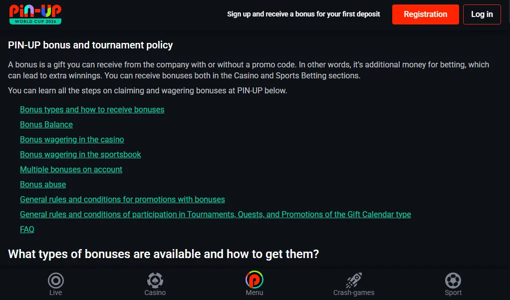 Screenshot of Pin-Up's bonus terms and wagering requirements