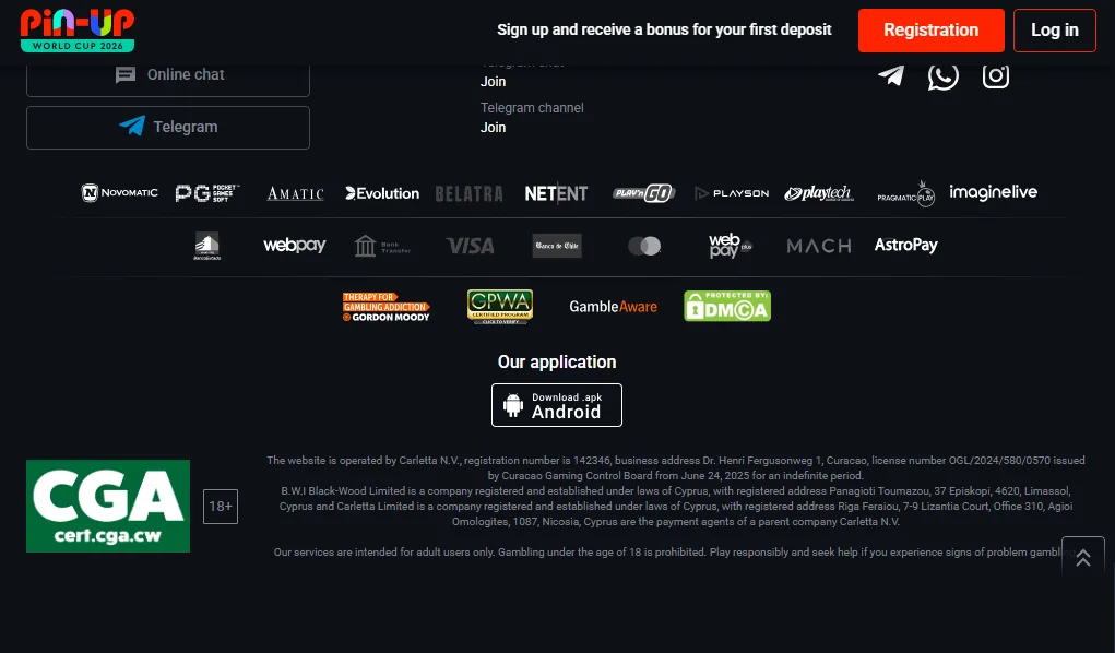 Screenshot of Pin-Up's footer licence and regulator details