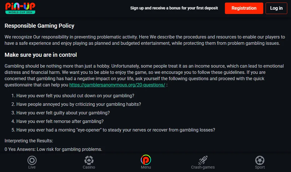 Screenshot of Pin-Up's responsible-gambling tools