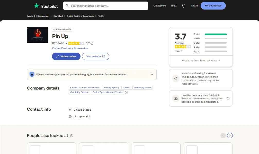 Screenshot of Pin-Up's Trustpilot rating overview