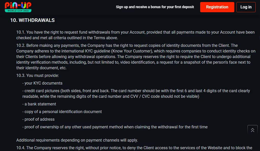 Screenshot of Pin-Up's withdrawal section and limits