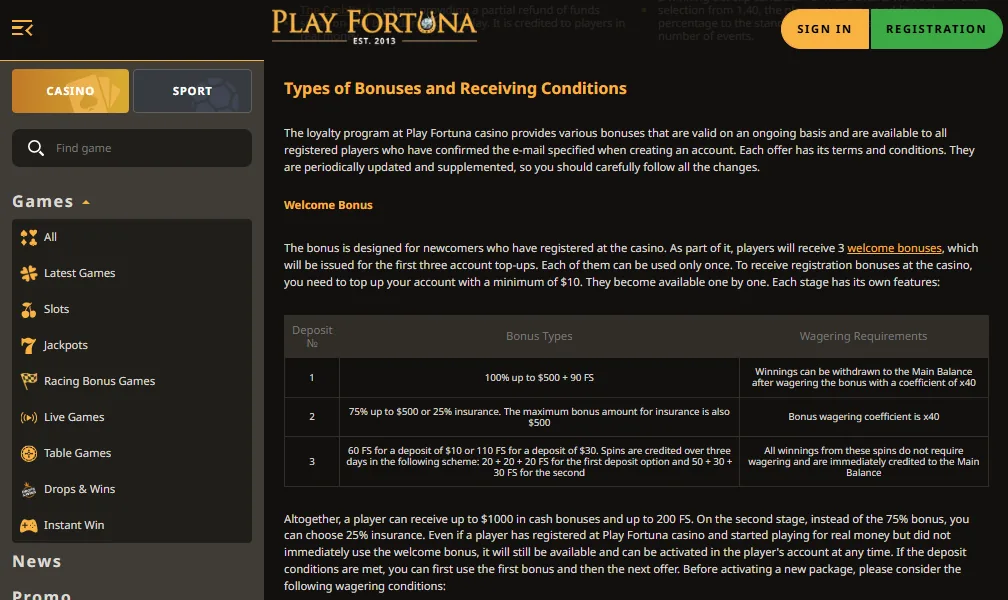 Screenshot of Play Fortuna's bonus terms and wagering requirements