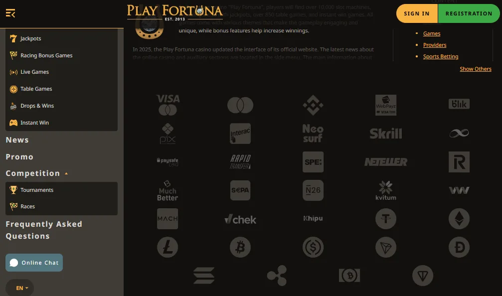 Screenshot of Play Fortuna's cashier and payment methods
