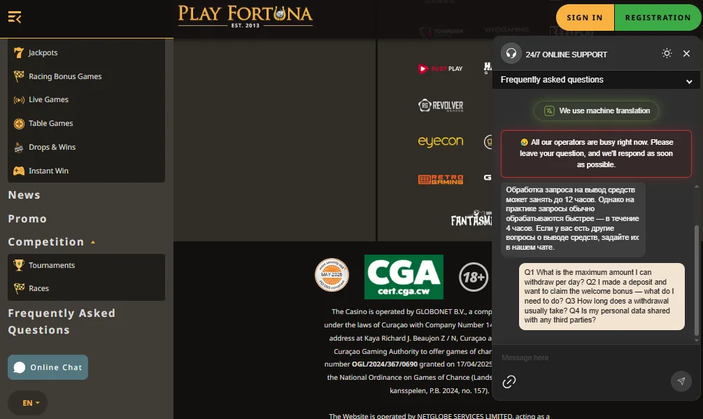 Screenshot of Play Fortuna's live chat support window
