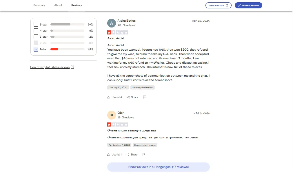 Screenshot of Play Fortuna's negative Trustpilot review