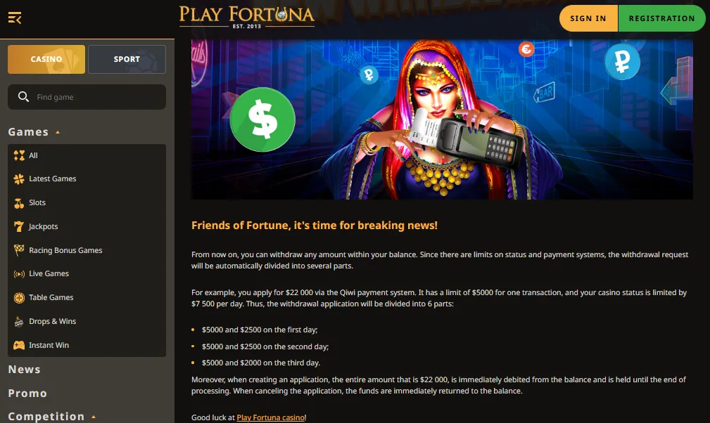 Screenshot of Play Fortuna's withdrawal section and limits