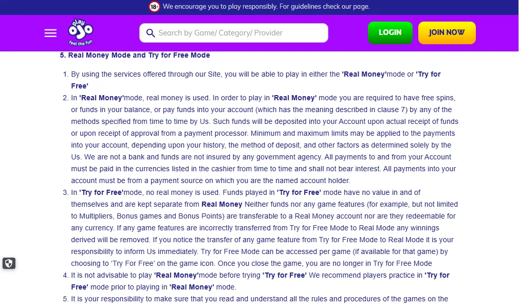 Screenshot of PlayOJO's bonus terms and wagering requirements