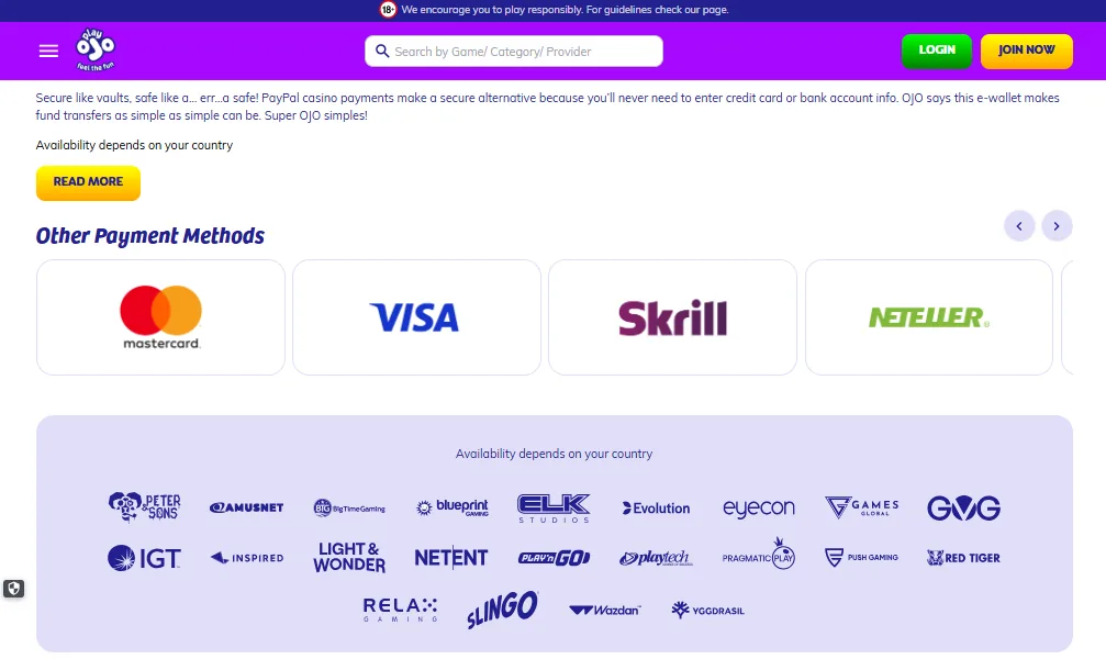 Screenshot of PlayOJO's cashier and payment methods