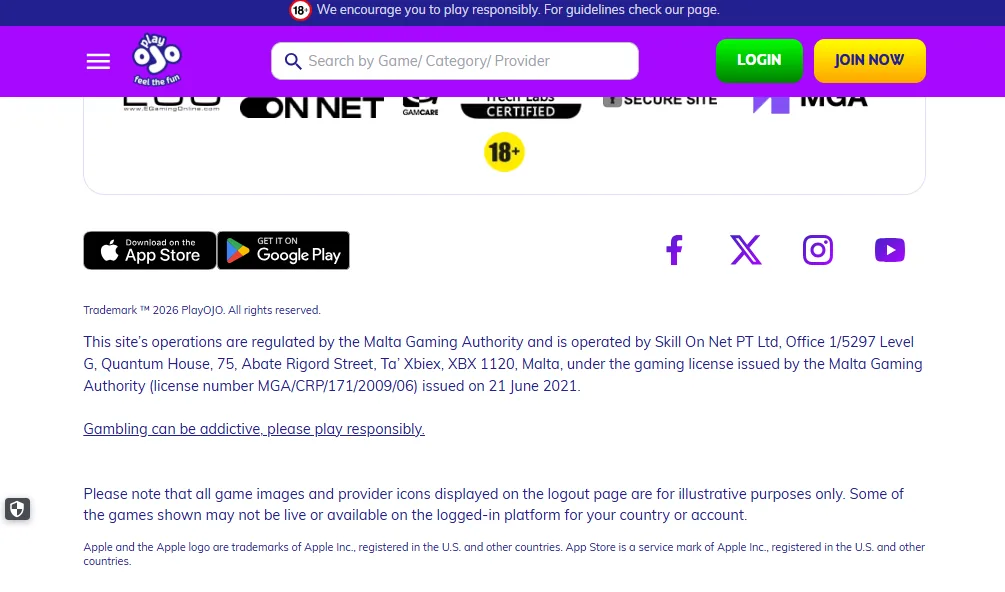 Screenshot of PlayOJO's footer licence and regulator details
