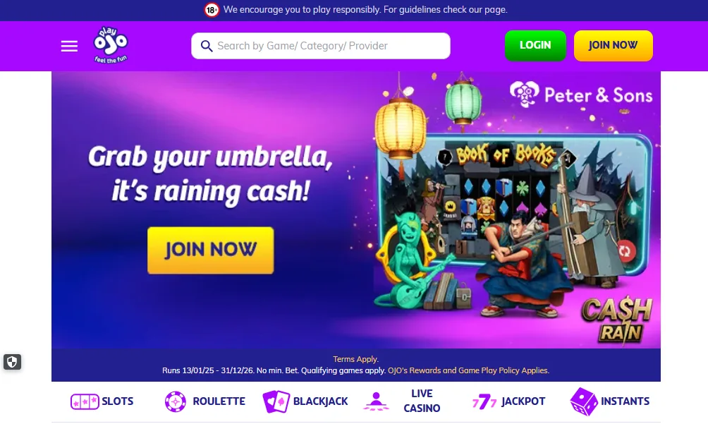 Screenshot of PlayOJO's homepage