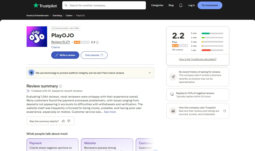 Screenshot of PlayOJO's Trustpilot rating overview