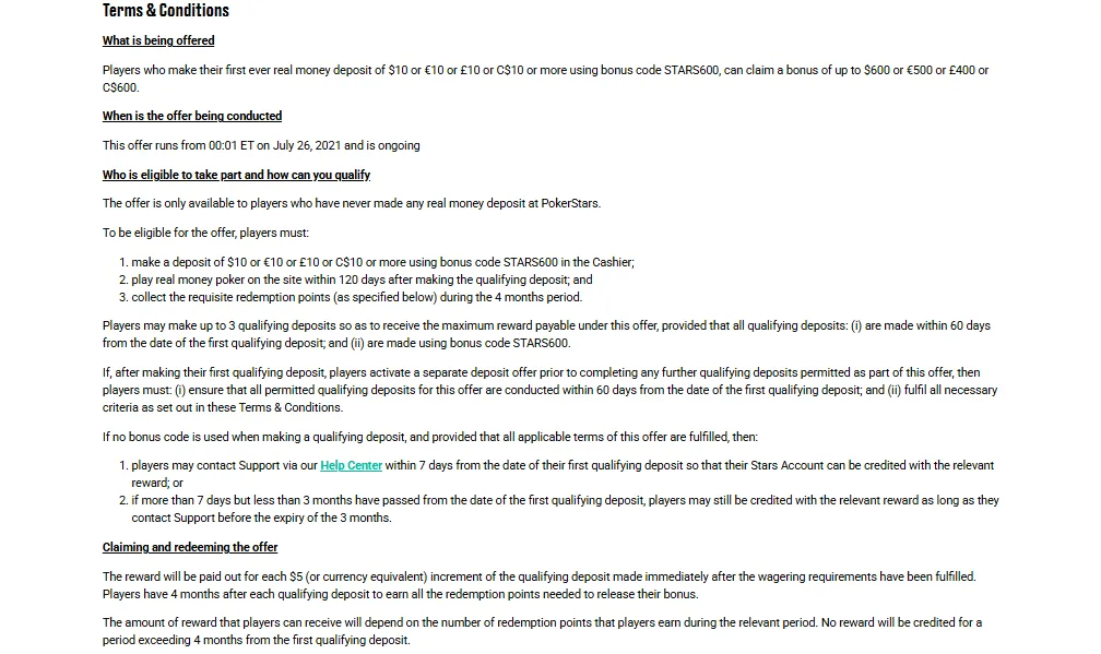 Screenshot of PokerStars Casino's bonus terms and wagering requirements