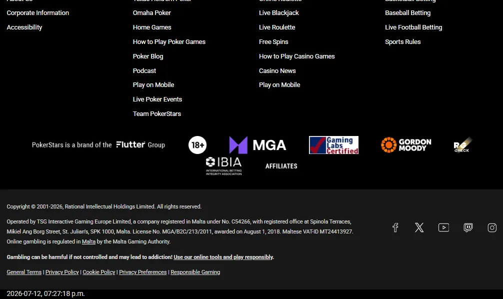 Screenshot of PokerStars Casino's footer licence and regulator details