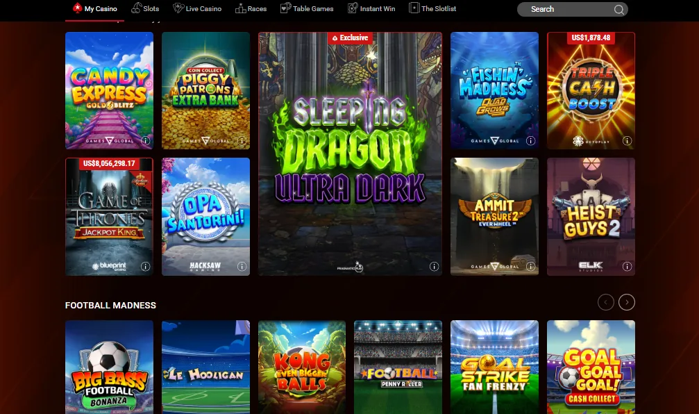 Screenshot of PokerStars Casino's games lobby