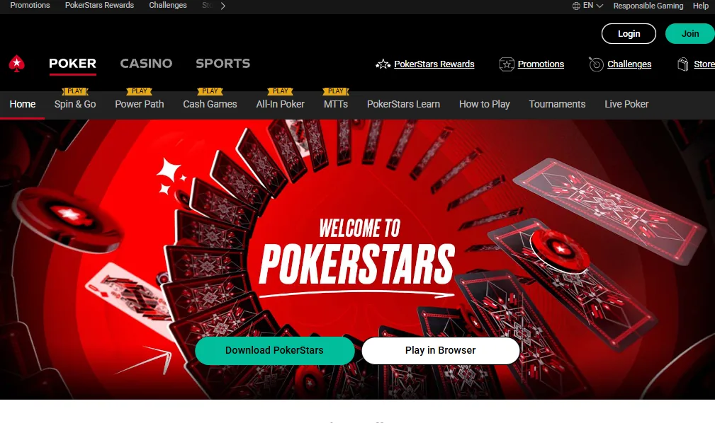Screenshot of PokerStars Casino's homepage