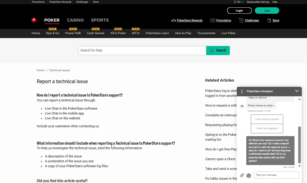 Screenshot of PokerStars Casino's live chat support window