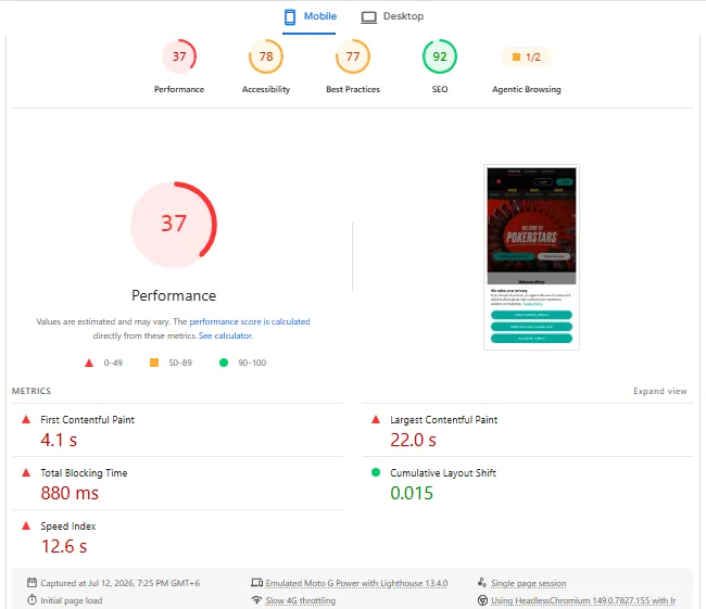 Screenshot of PokerStars Casino's mobile site